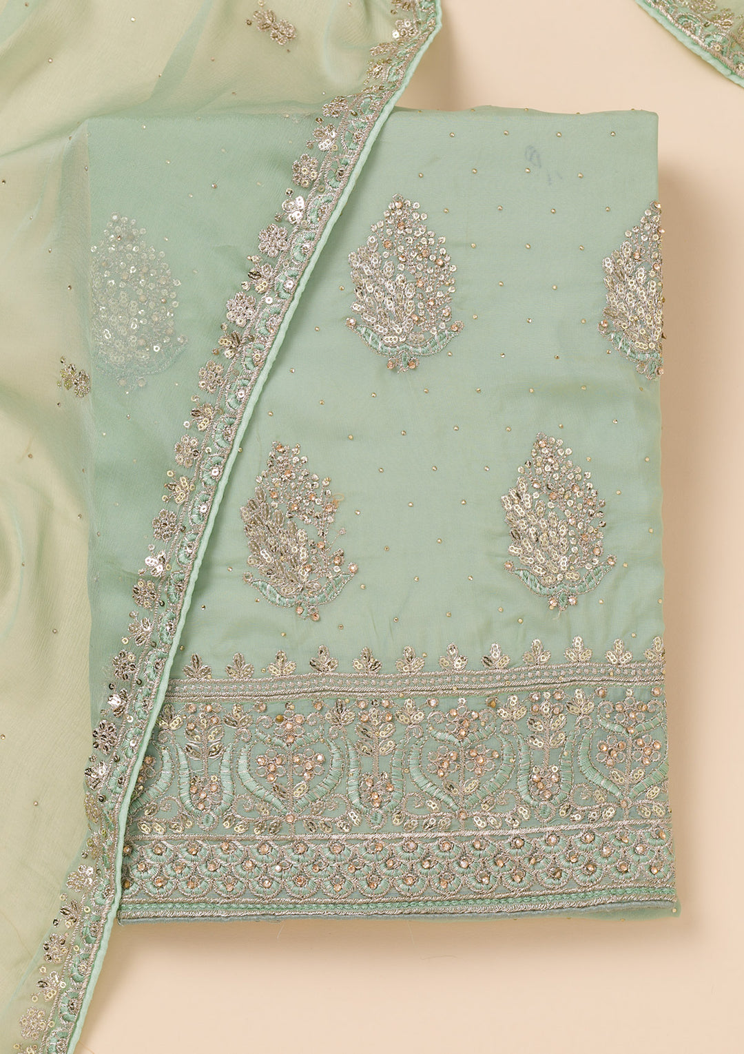 Pista Green Zariwork Semi Crepe Unstitched Salwar Suit