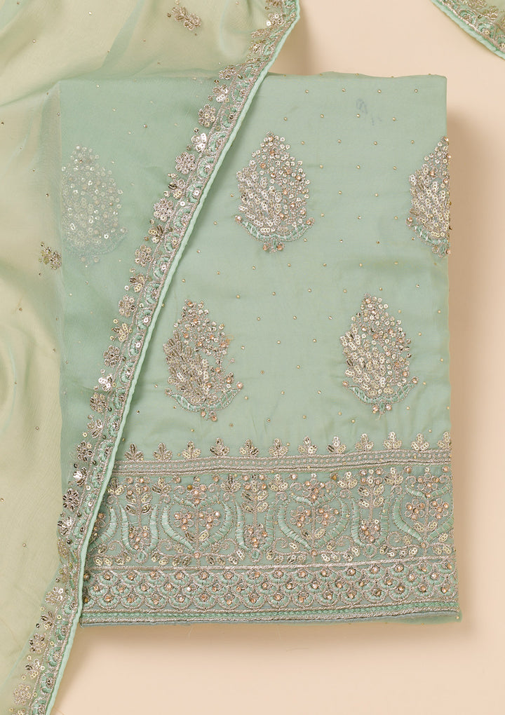 Pista Green Zariwork Semi Crepe Unstitched Salwar Suit