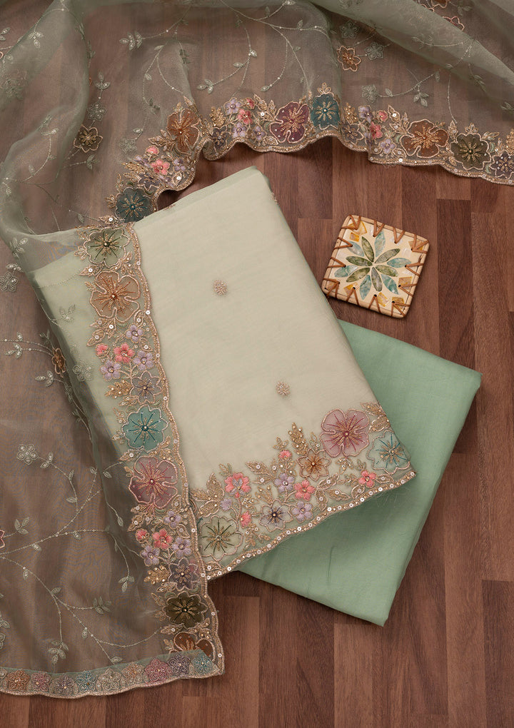 Pista Green Zariwork Semi Crepe Unstitched Salwar Suit