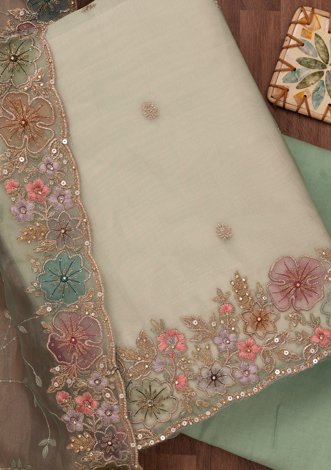 Pista Green Zariwork Semi Crepe Unstitched Salwar Suit
