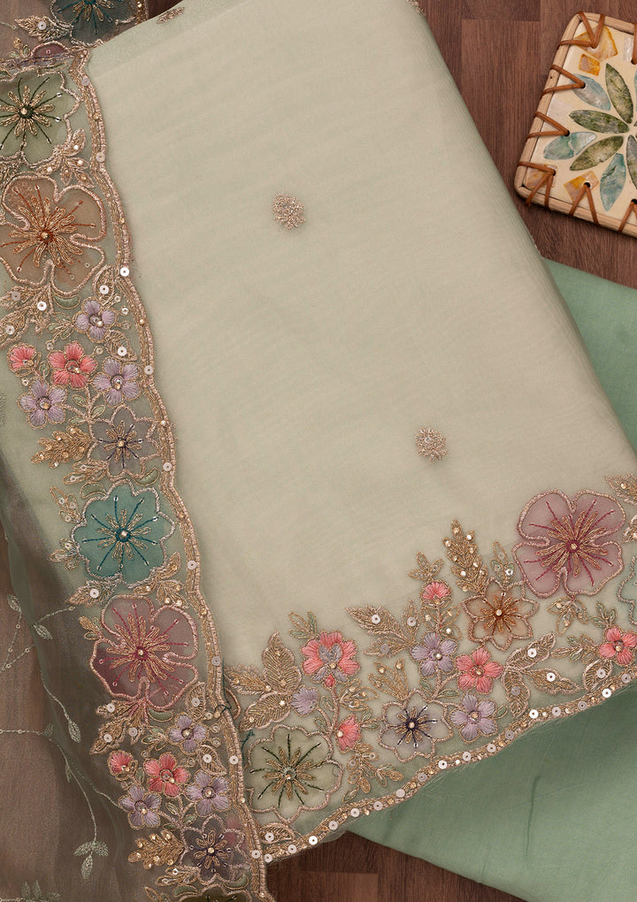 Pista Green Zariwork Semi Crepe Unstitched Salwar Suit
