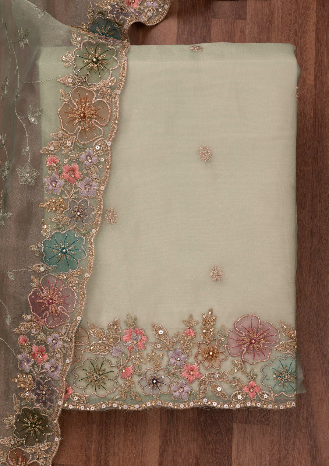Pista Green Zariwork Semi Crepe Unstitched Salwar Suit