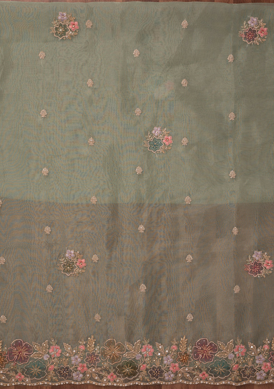 Pista Green Zariwork Semi Crepe Unstitched Salwar Suit