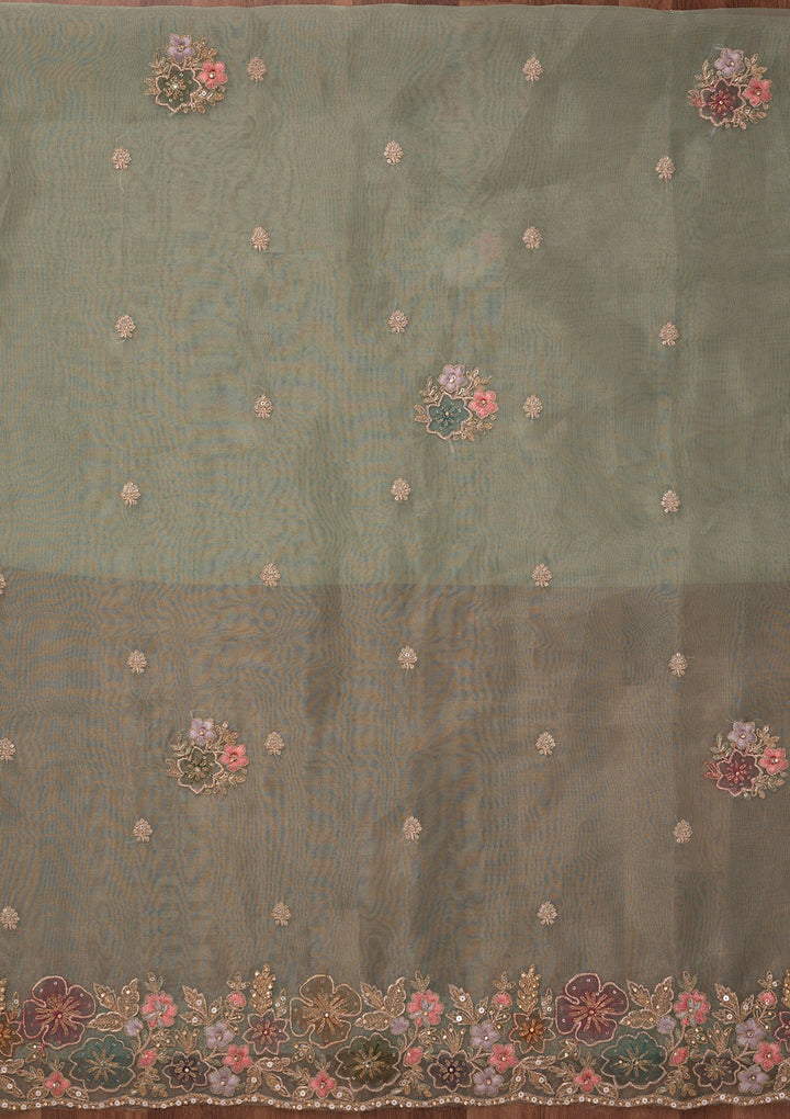 Pista Green Zariwork Semi Crepe Unstitched Salwar Suit