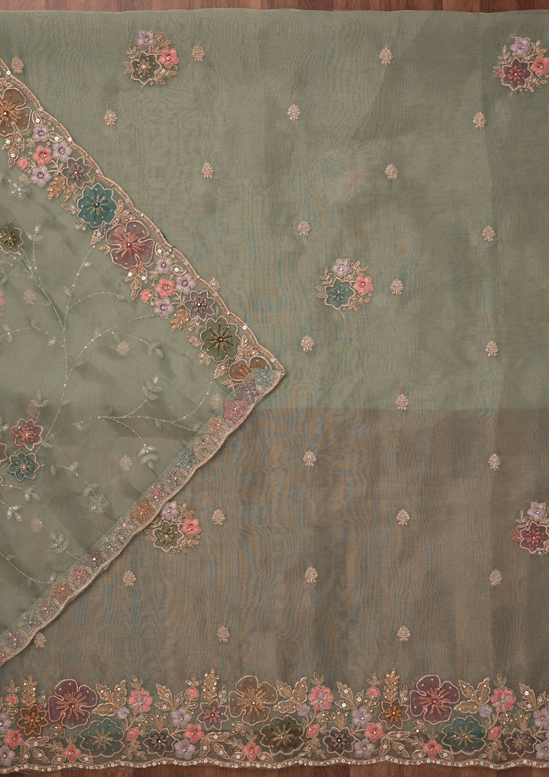 Pista Green Zariwork Semi Crepe Unstitched Salwar Suit