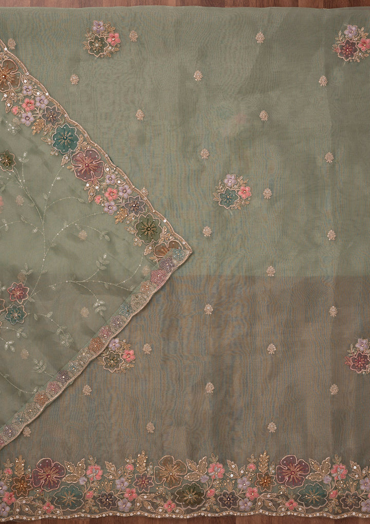 Pista Green Zariwork Semi Crepe Unstitched Salwar Suit