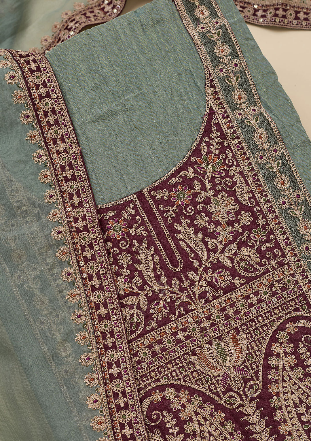 Pista Green Zariwork Tissue Unstitched Salwar Suit
