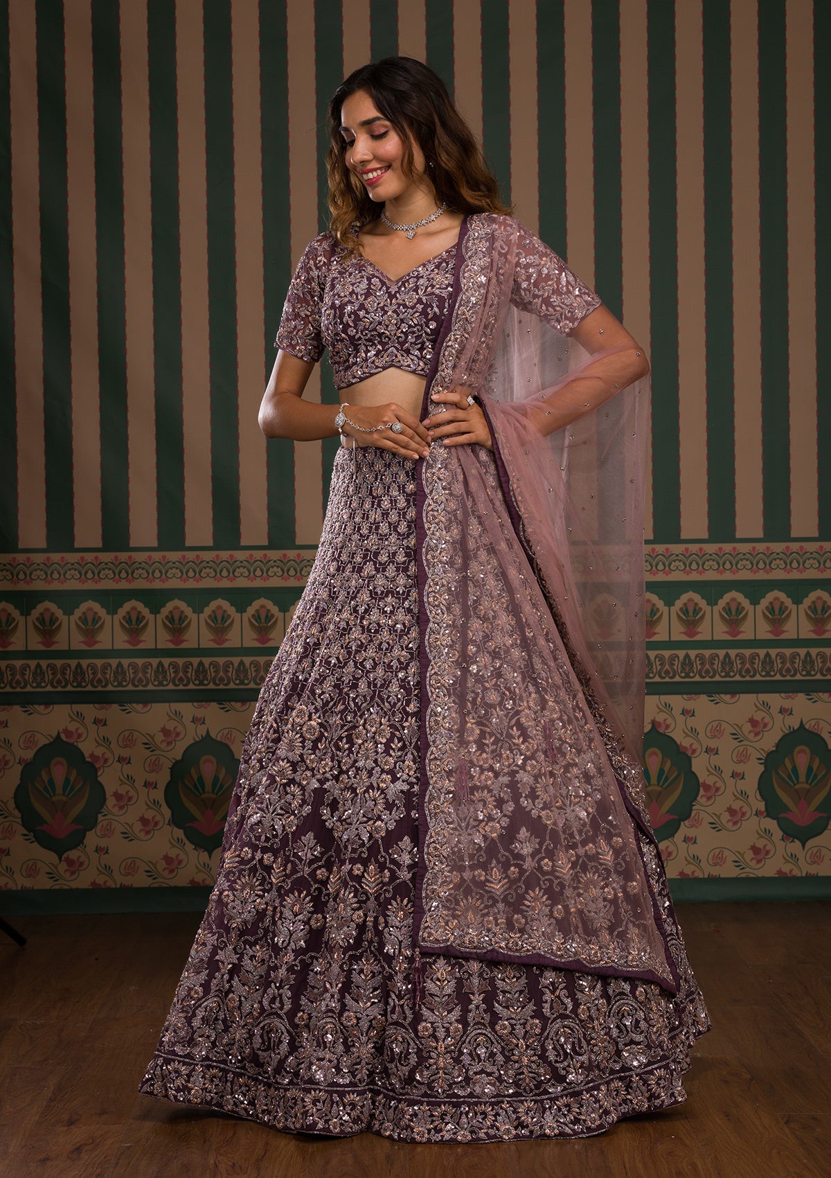 Buy Purple Cutdana Net Readymade Lehenga - Koskii