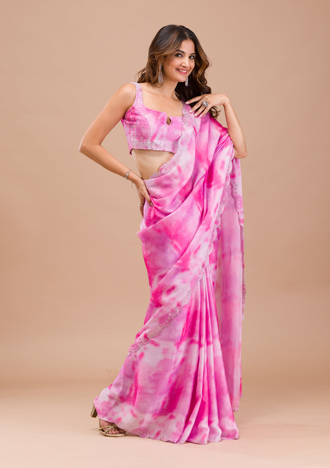 Pink Printed Satin Saree