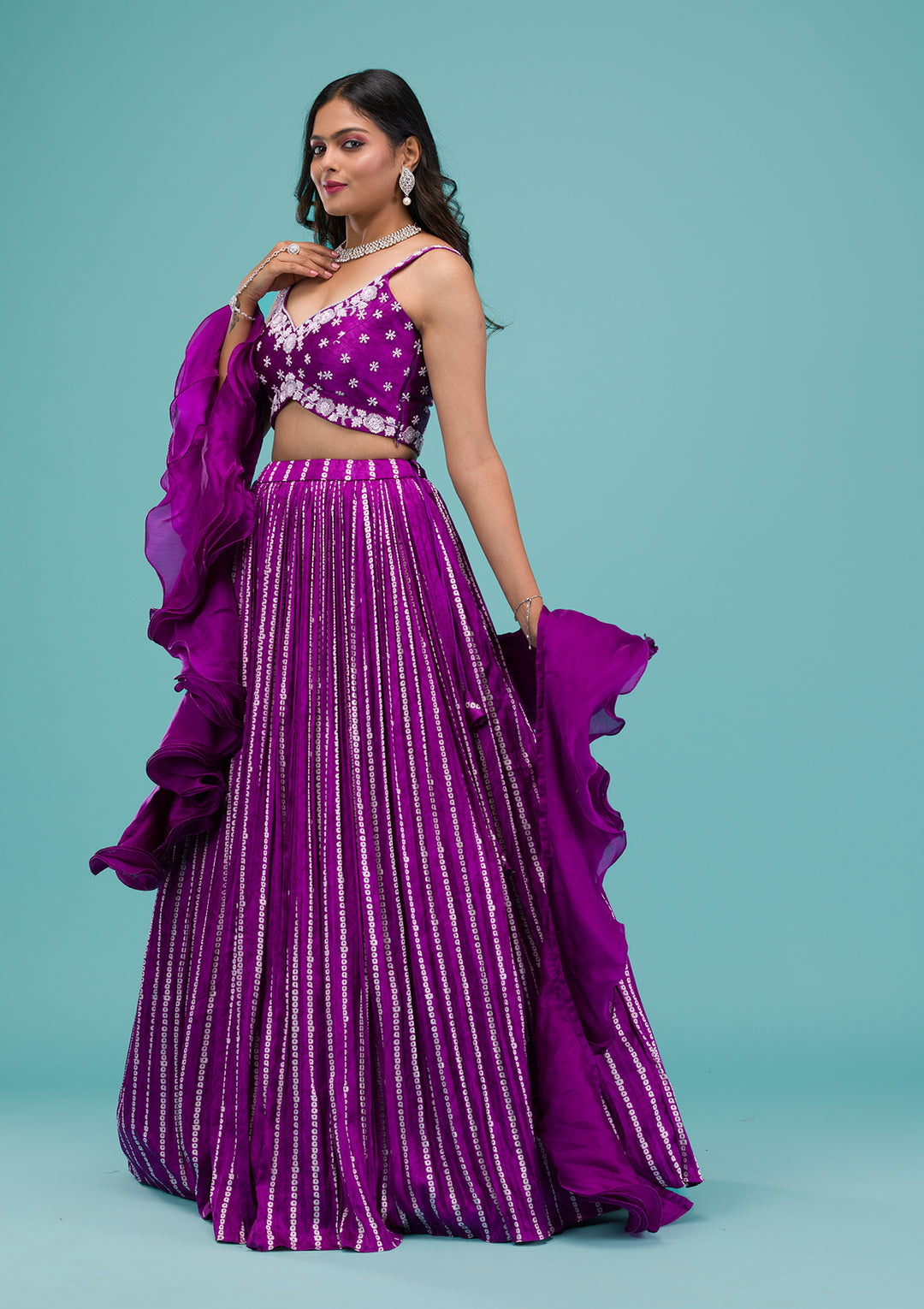 Purple Sequins Satin Readymade Lehenga
