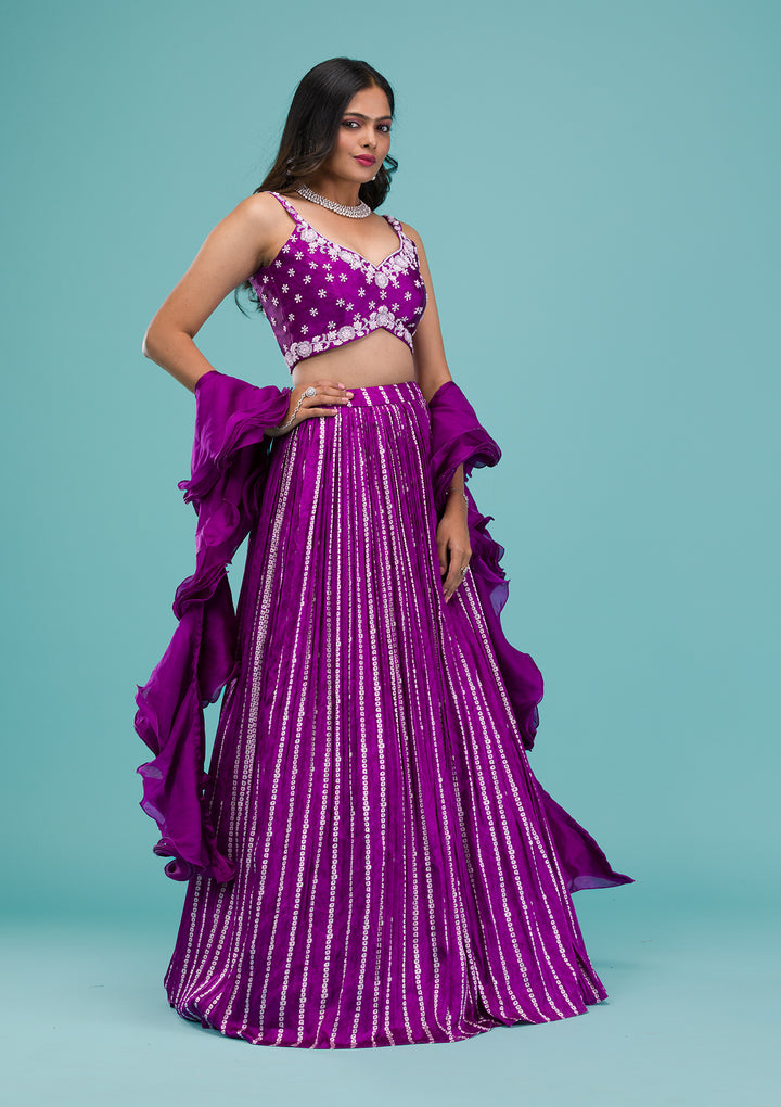 Purple Sequins Satin Readymade Lehenga