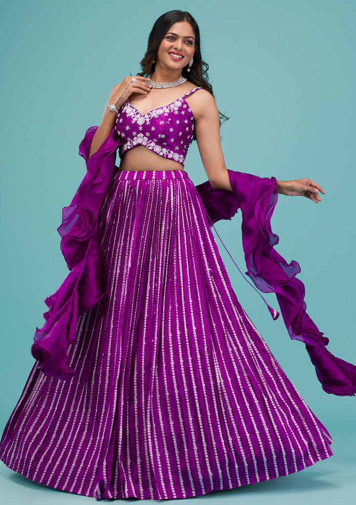 Purple Sequins Satin Readymade Lehenga