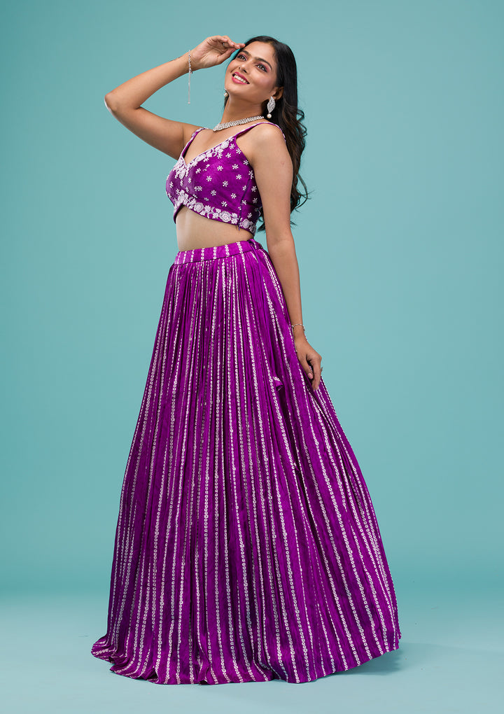 Purple Sequins Satin Readymade Lehenga