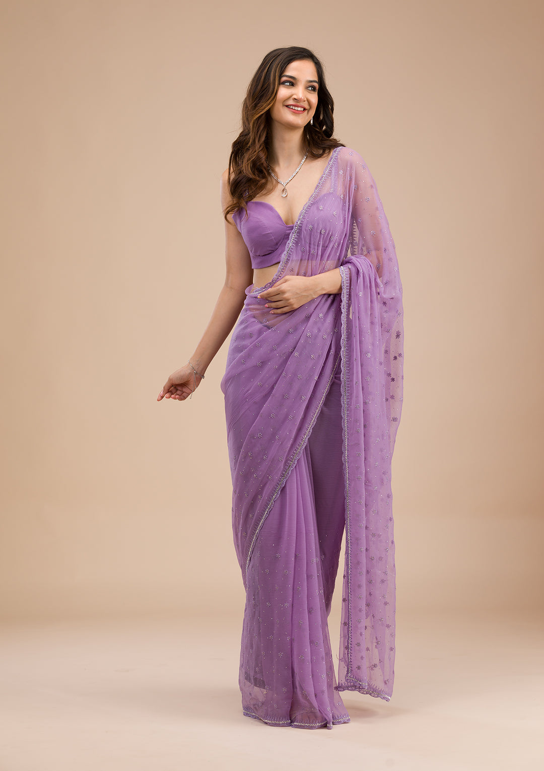 Purple Threadwork Chiffon Saree