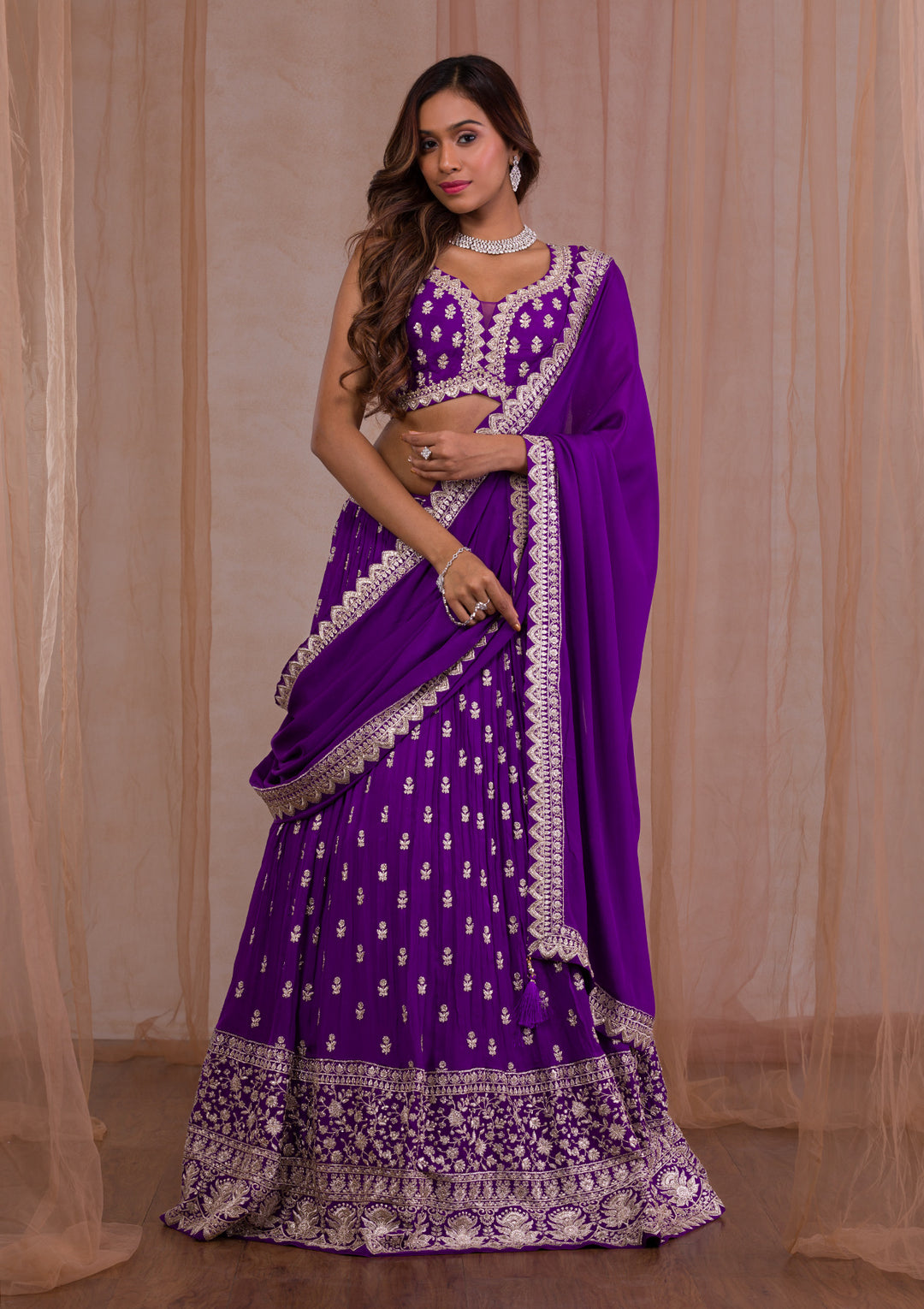 Purple Zariwork Crepe Readymade Lehenga