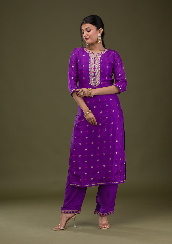 Purple Zariwork Crepe Readymade Salwar Suit