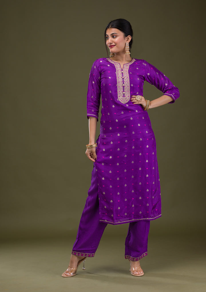 Purple Zariwork Crepe Readymade Salwar Suit