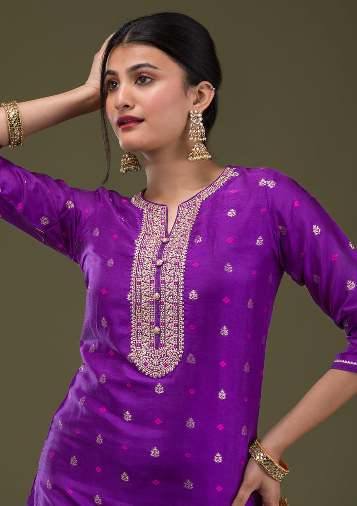 Purple Zariwork Crepe Readymade Salwar Suit