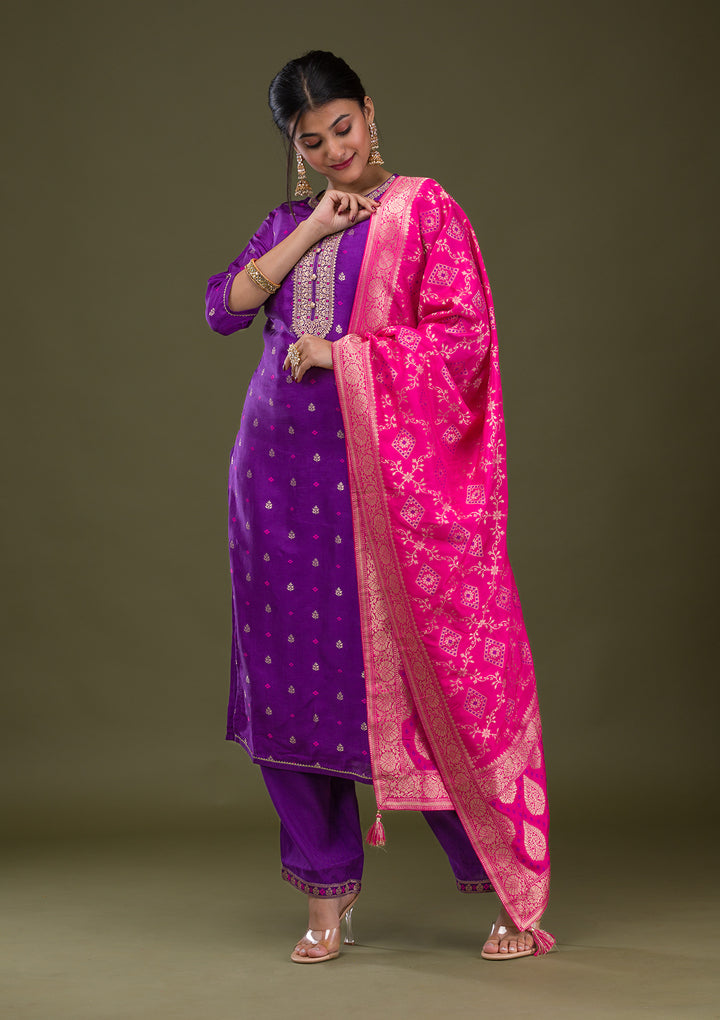 Purple Zariwork Crepe Readymade Salwar Suit