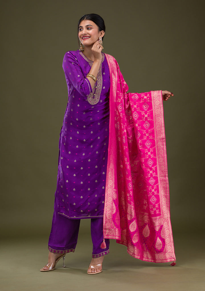 Purple Zariwork Crepe Readymade Salwar Suit