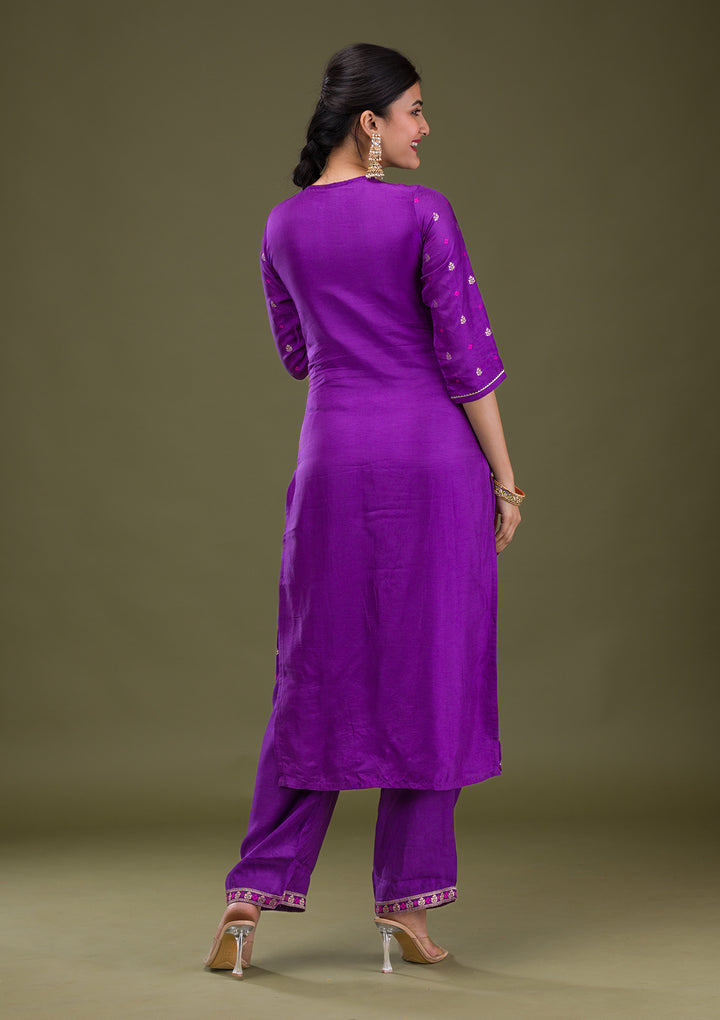 Purple Zariwork Crepe Readymade Salwar Suit