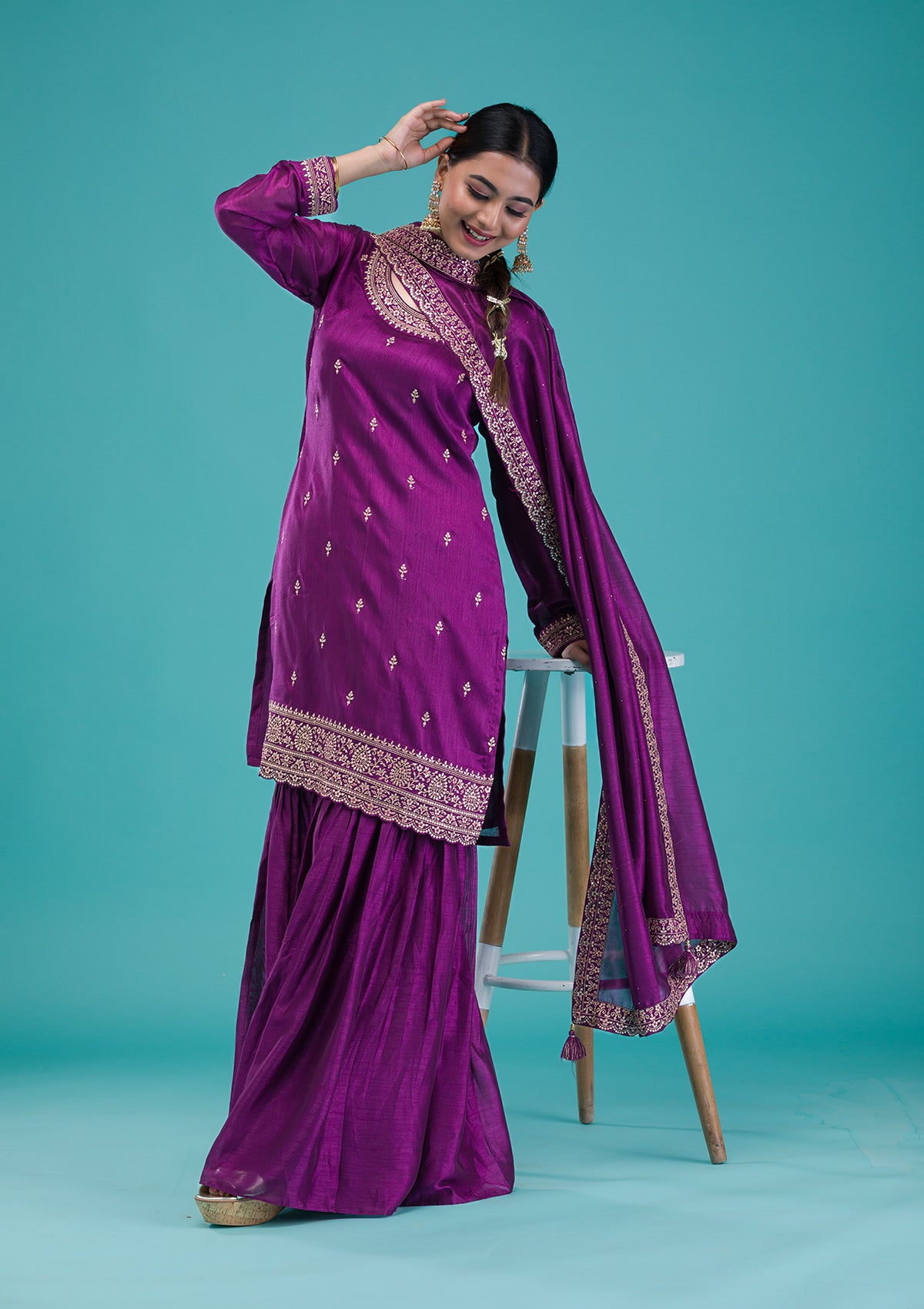 Purple Zariwork Raw Silk Readymade Sharara Suit