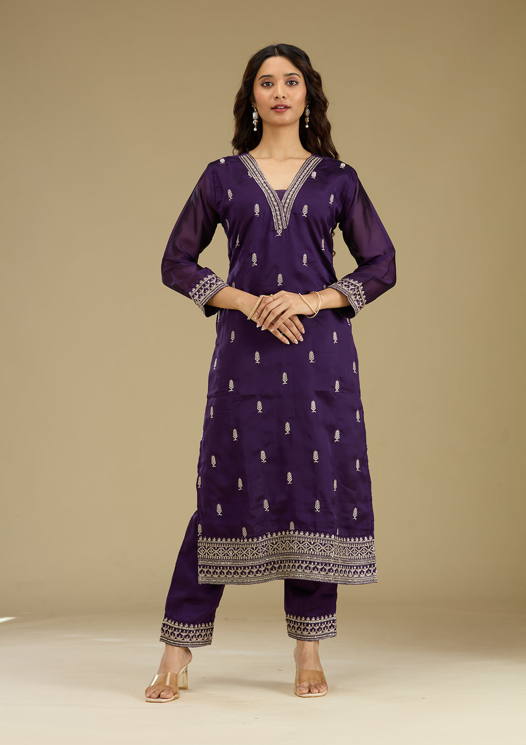 Purple Zariwork Semi Crepe Readymade Salwar Suit