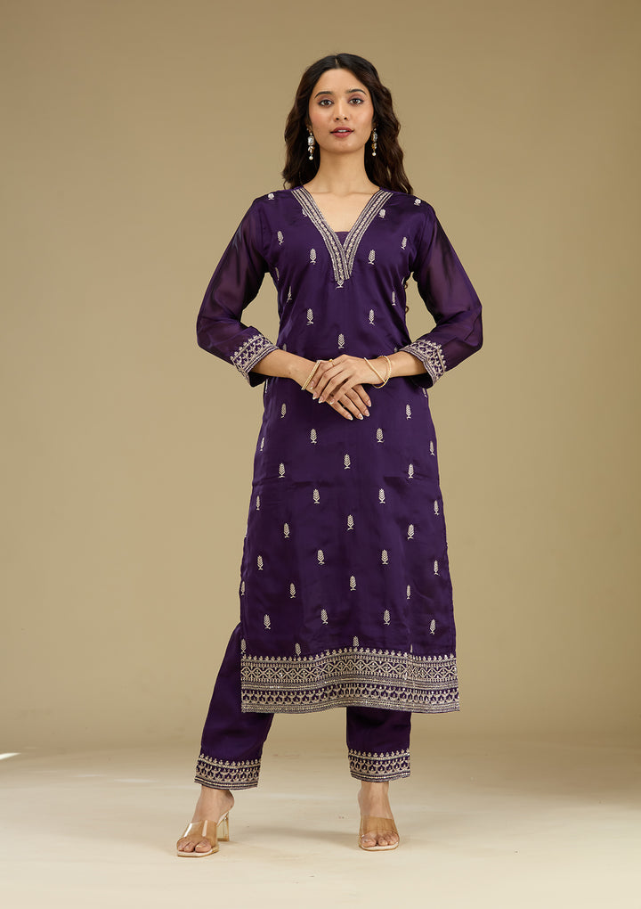 Purple Zariwork Semi Crepe Readymade Salwar Suit