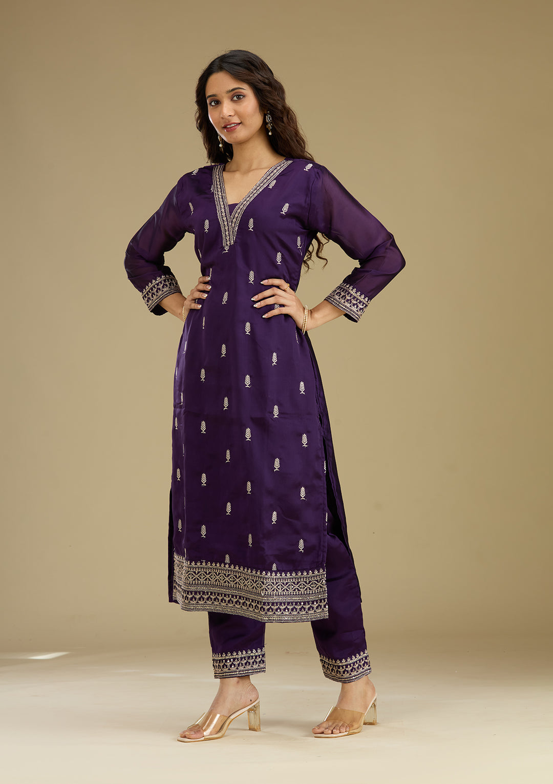 Purple Zariwork Semi Crepe Readymade Salwar Suit