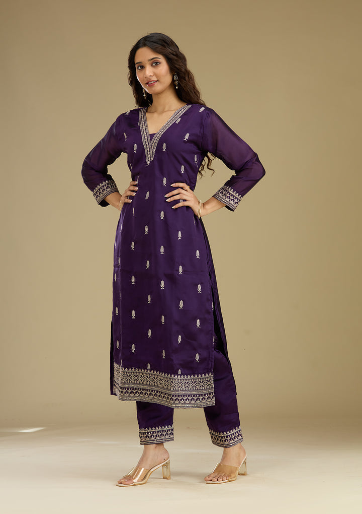 Purple Zariwork Semi Crepe Readymade Salwar Suit