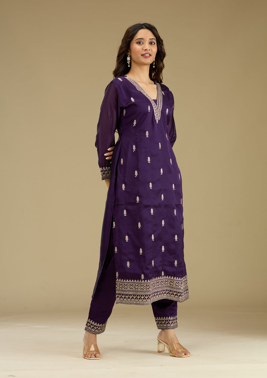 Purple Zariwork Semi Crepe Readymade Salwar Suit
