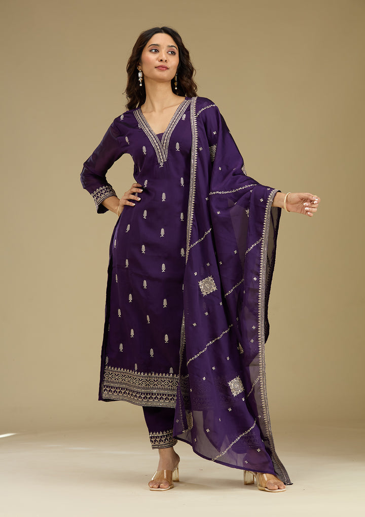 Purple Zariwork Semi Crepe Readymade Salwar Suit