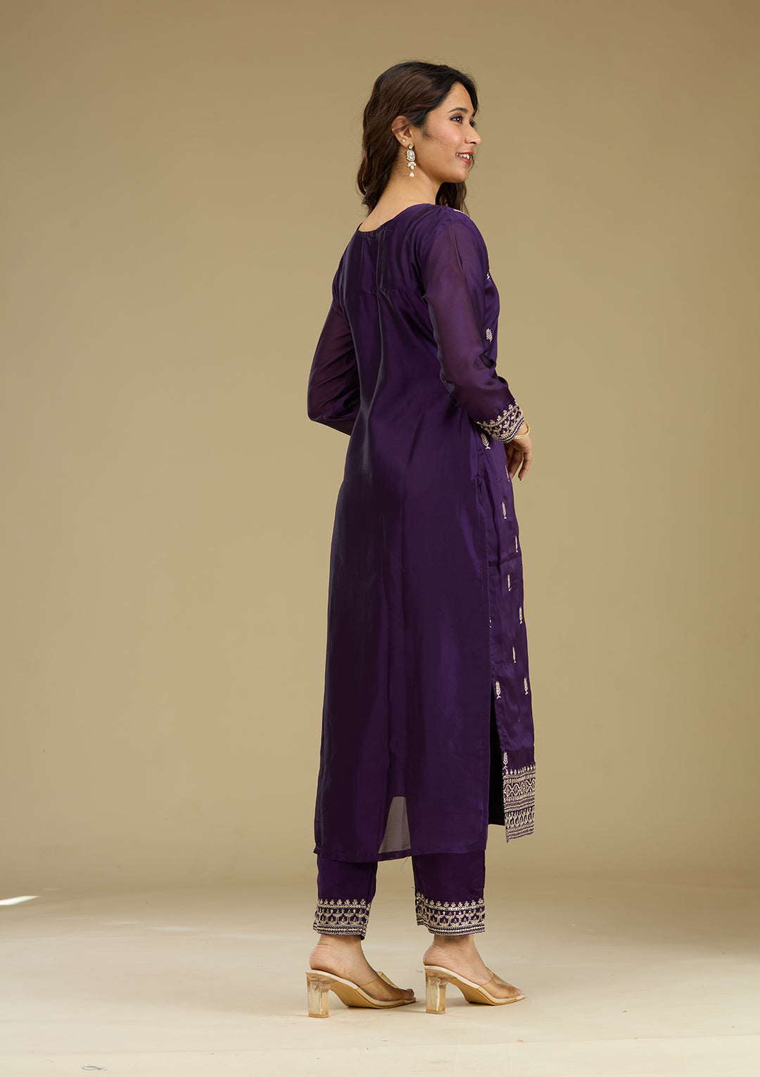 Purple Zariwork Semi Crepe Readymade Salwar Suit
