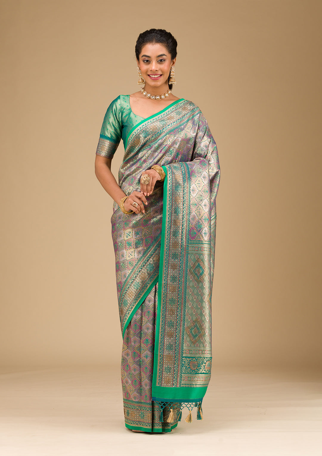 Rama Green Swarovski Raw Silk Saree