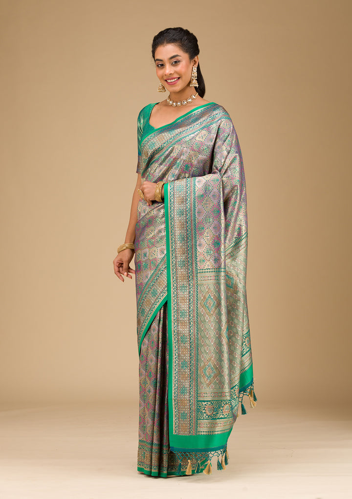 Rama Green Swarovski Raw Silk Saree