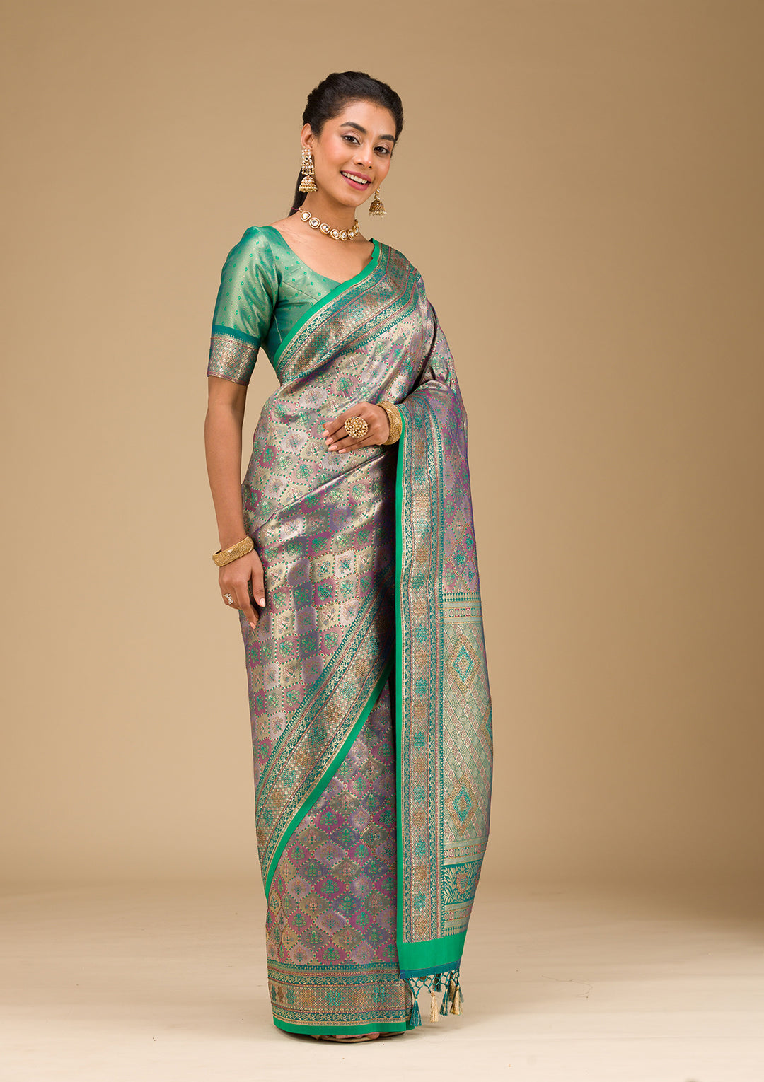 Rama Green Swarovski Raw Silk Saree
