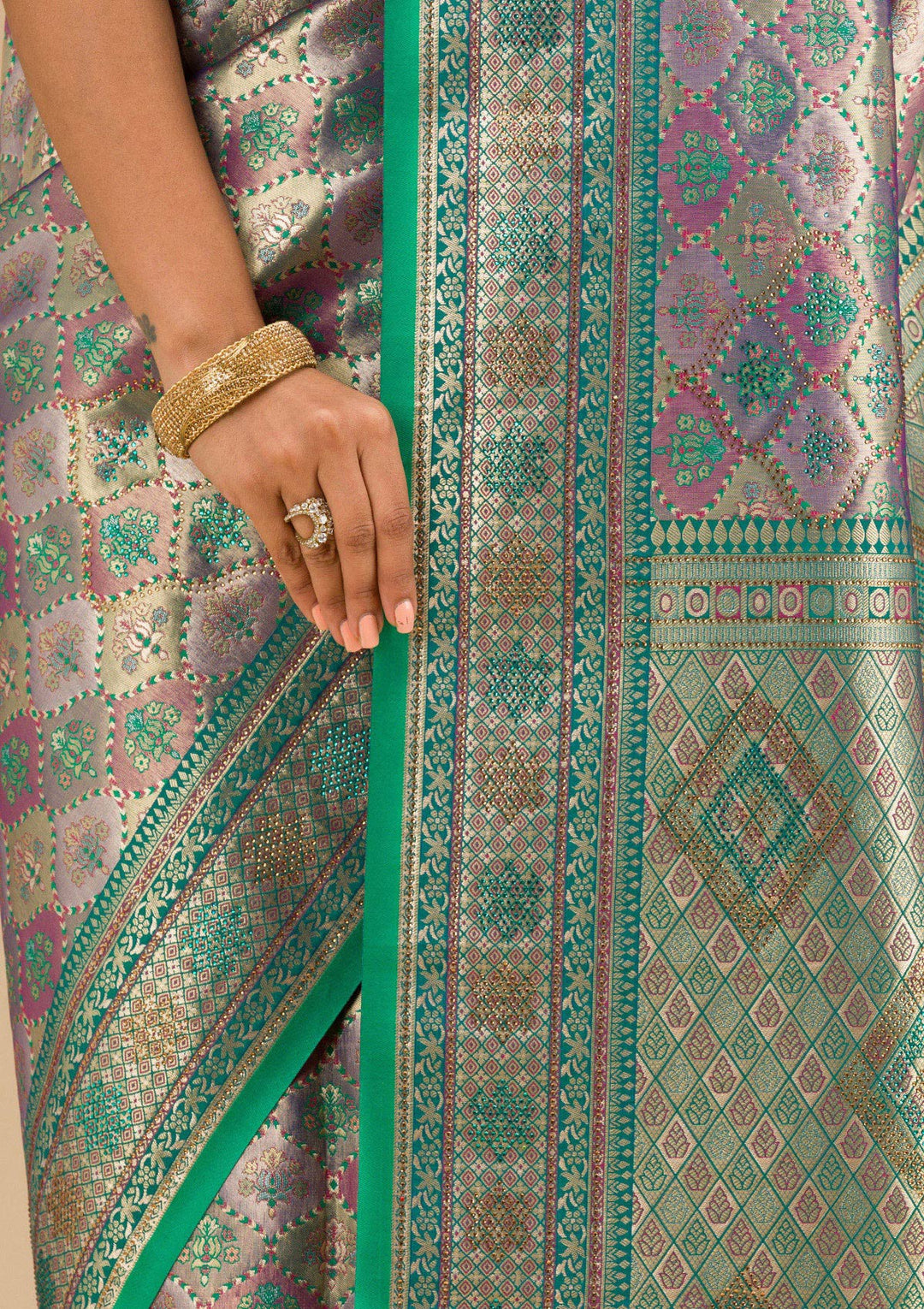Rama Green Swarovski Raw Silk Saree