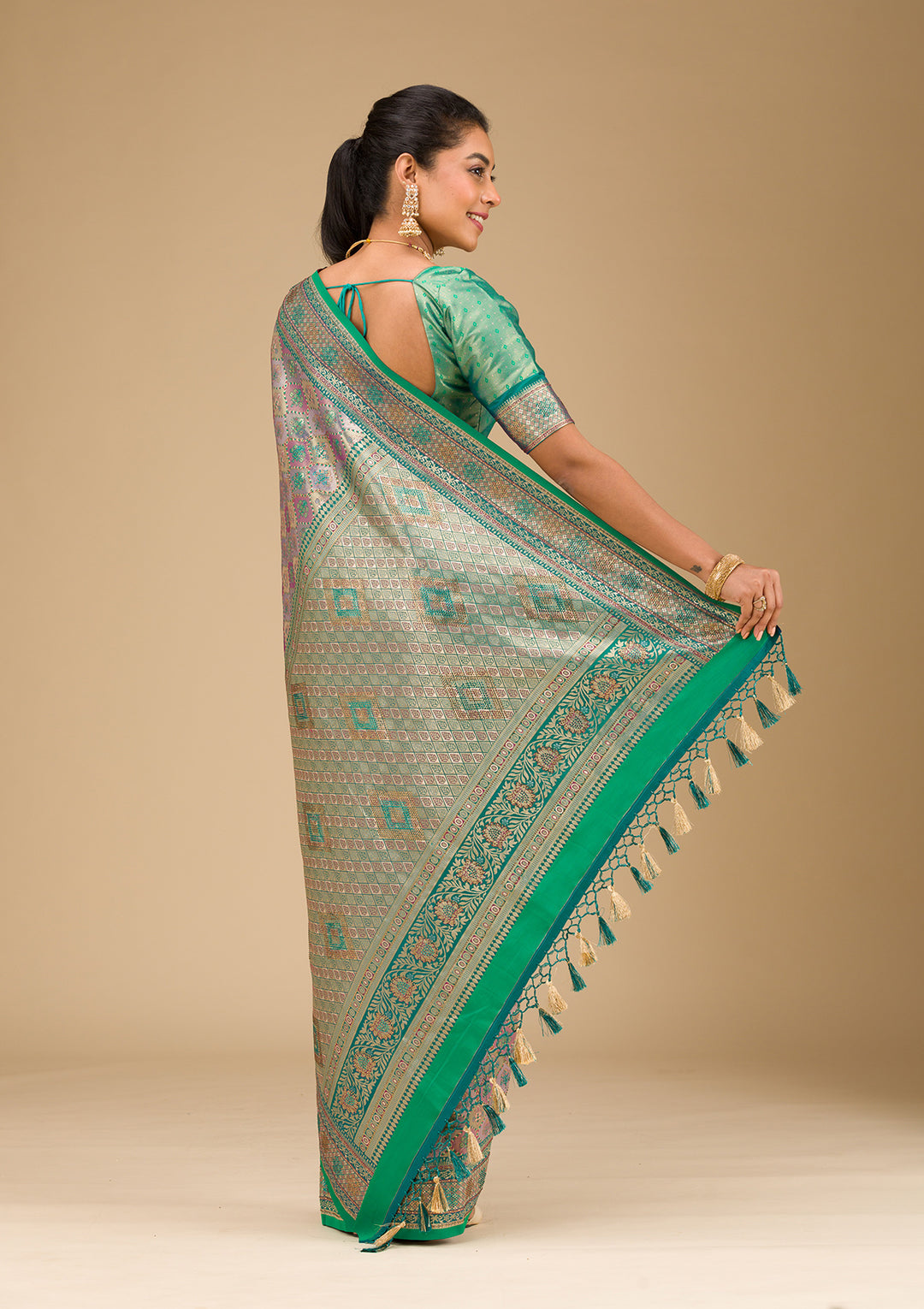 Rama Green Swarovski Raw Silk Saree
