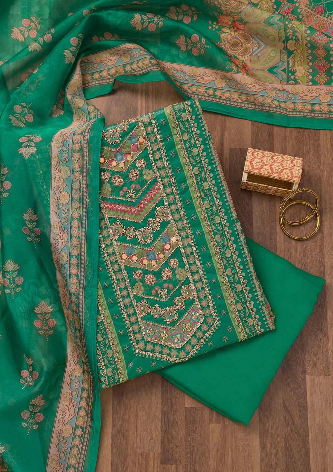 Rama Green Printed Chanderi Unstitched Salwar Suit