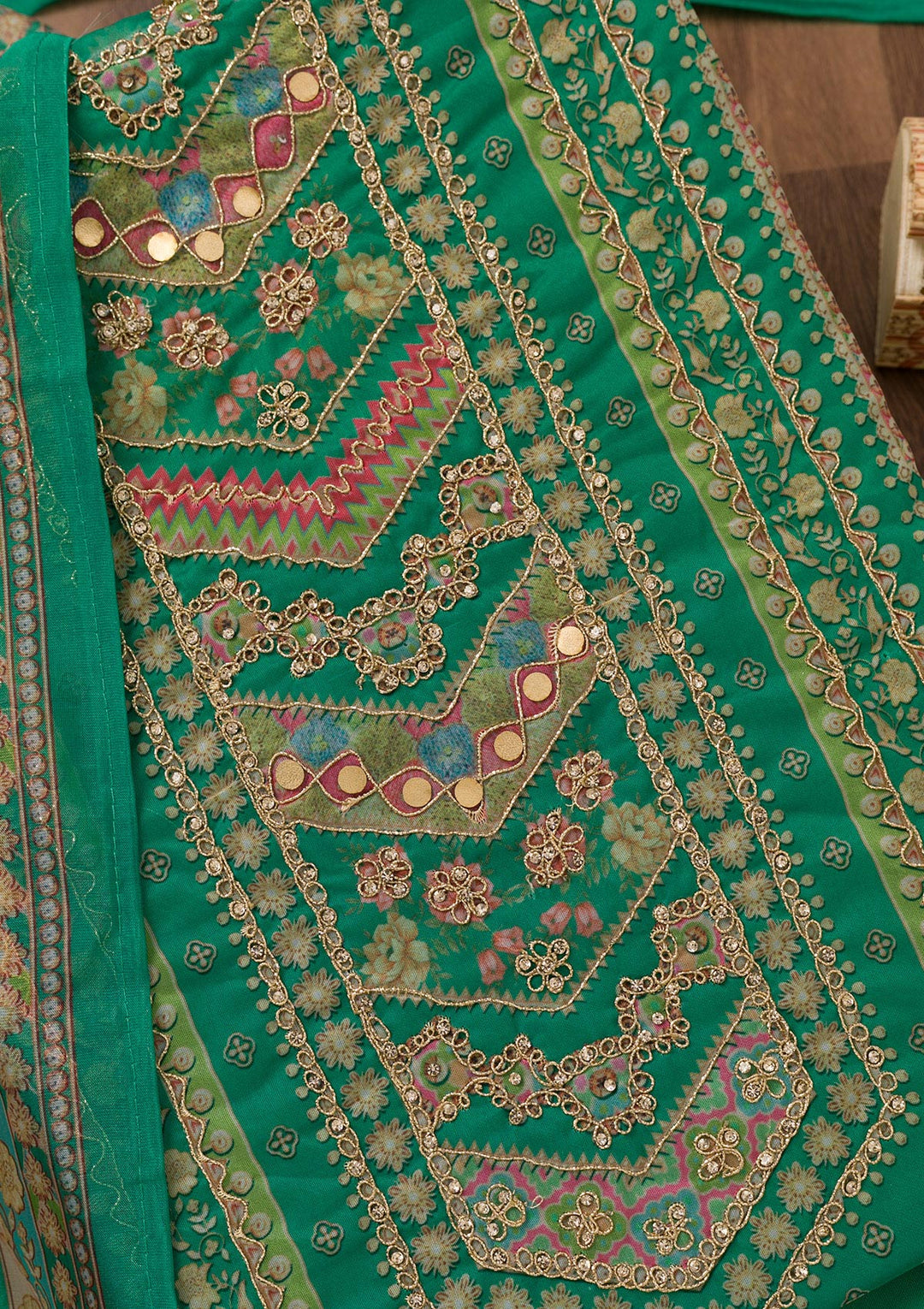 Rama Green Printed Chanderi Unstitched Salwar Suit