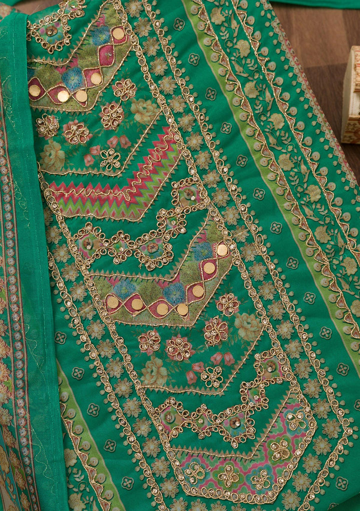 Rama Green Printed Chanderi Unstitched Salwar Suit