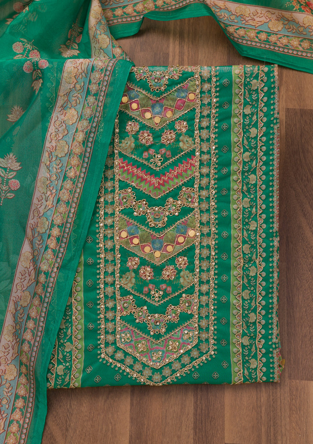 Rama Green Printed Chanderi Unstitched Salwar Suit