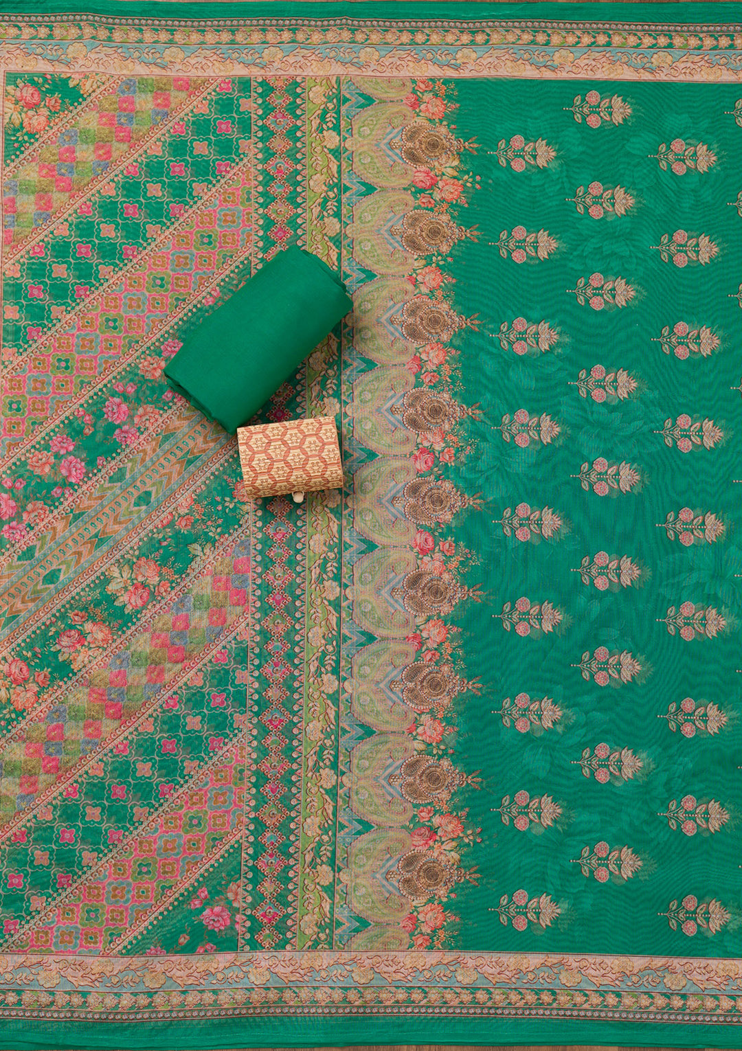 Rama Green Printed Chanderi Unstitched Salwar Suit
