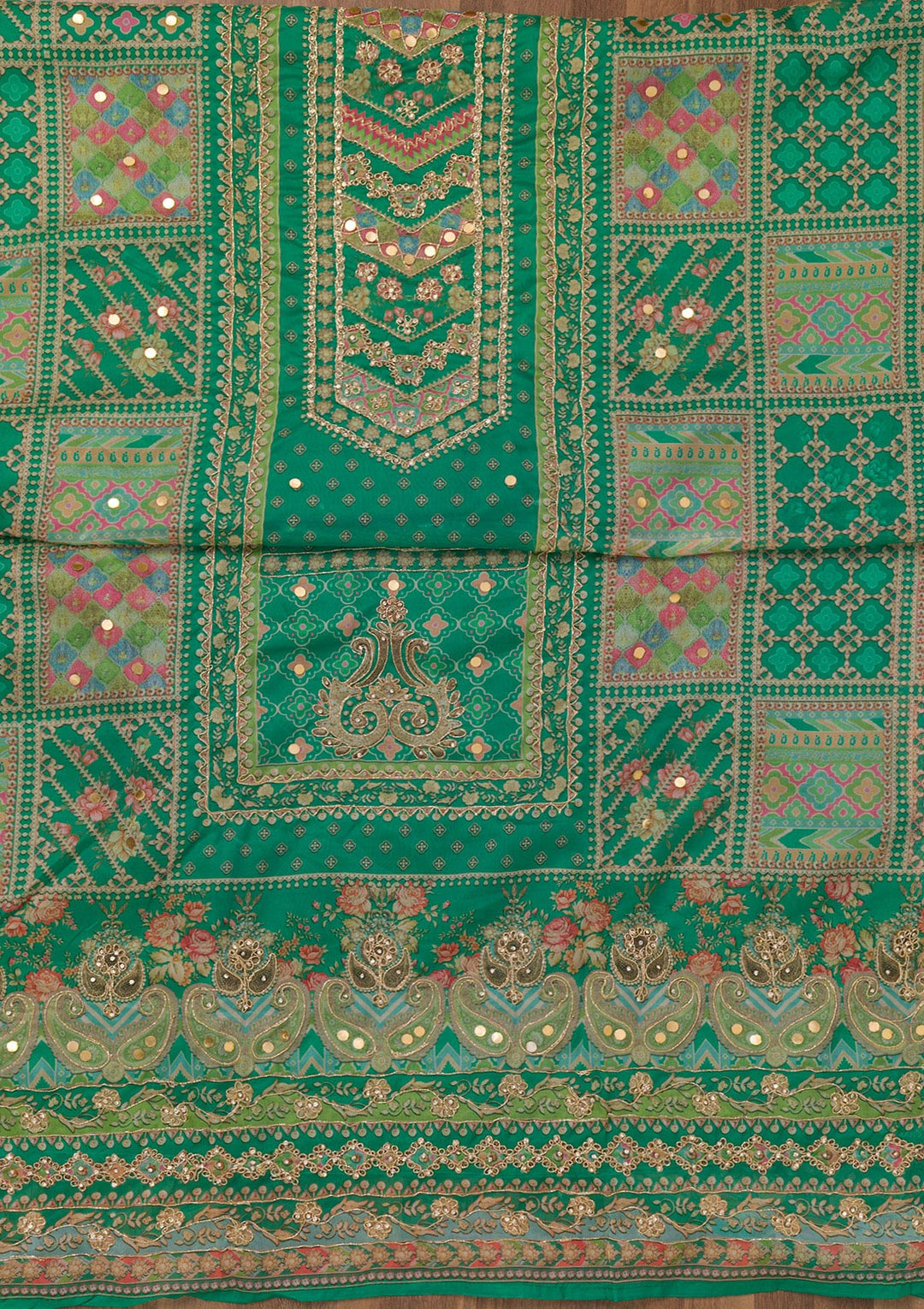Rama Green Printed Chanderi Unstitched Salwar Suit