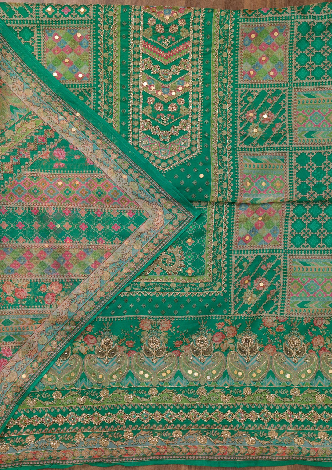 Rama Green Printed Chanderi Unstitched Salwar Suit