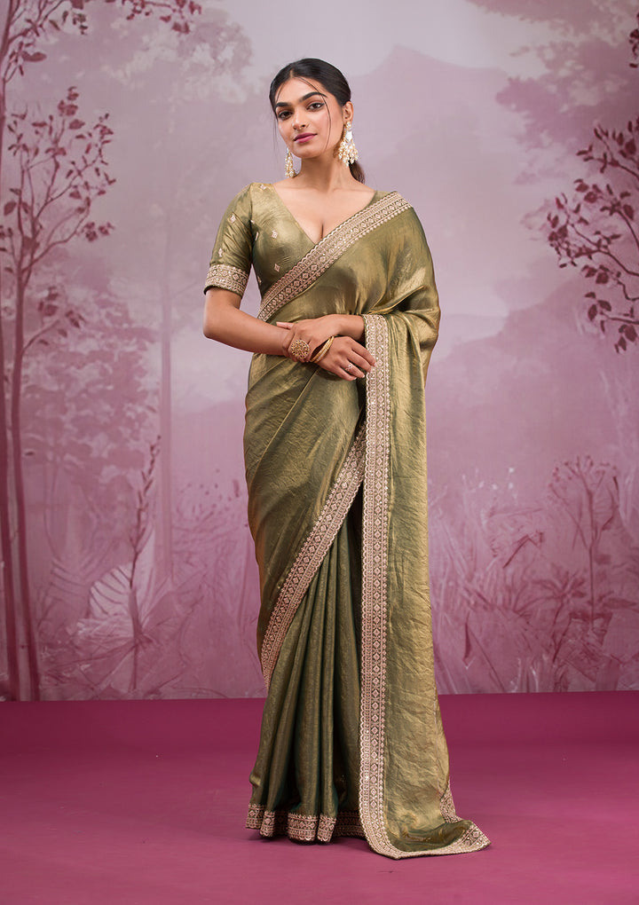 Rama Green Threadwork Tissue Saree