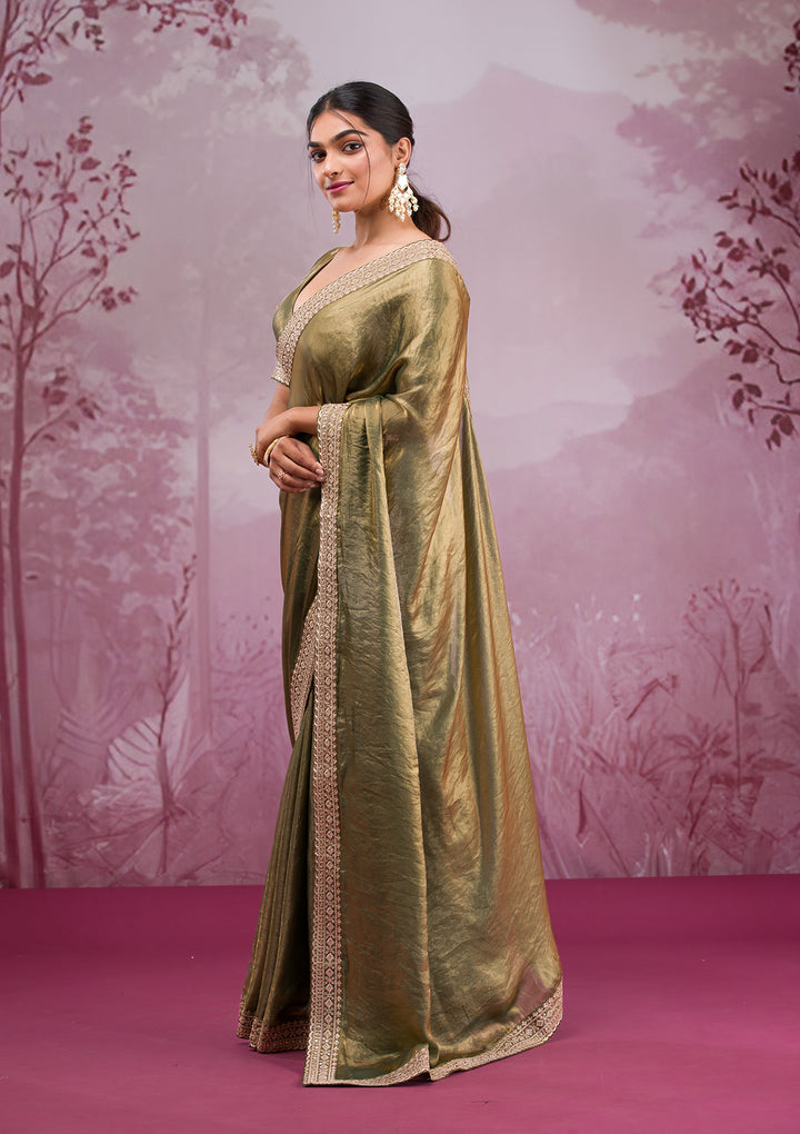 Rama Green Threadwork Tissue Saree