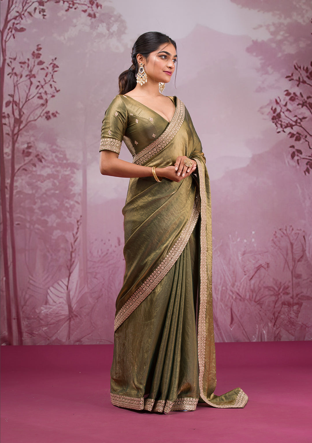 Rama Green Threadwork Tissue Saree