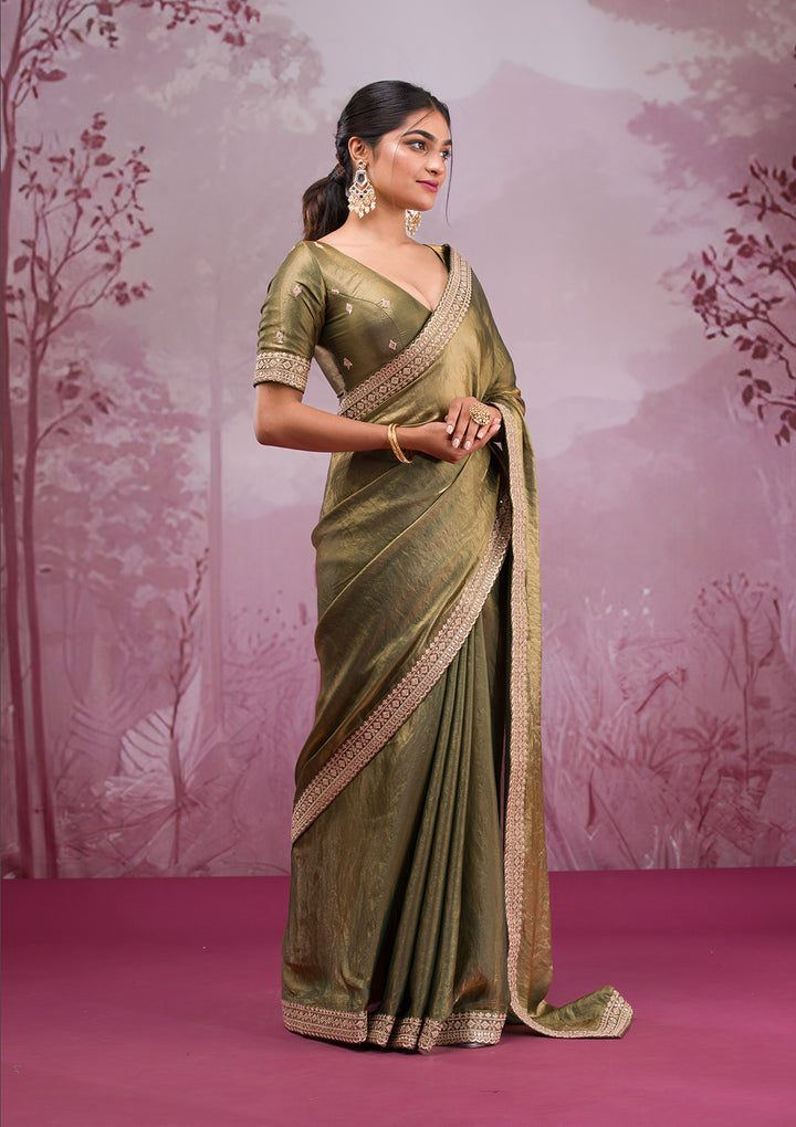 Rama Green Threadwork Tissue Saree