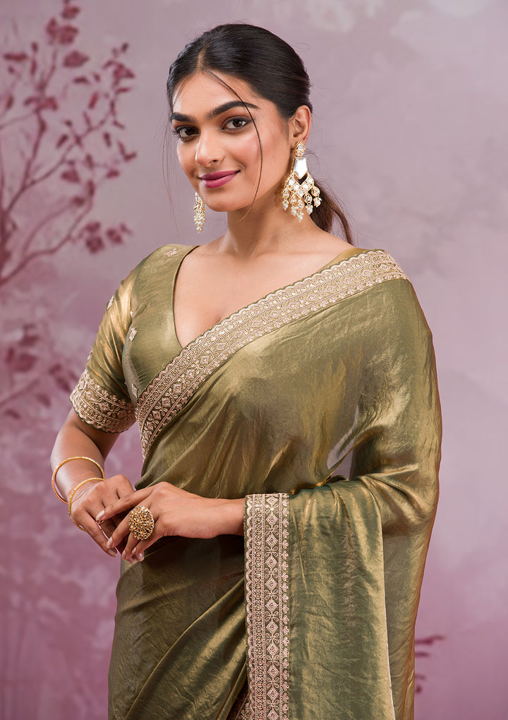 Rama Green Threadwork Tissue Saree